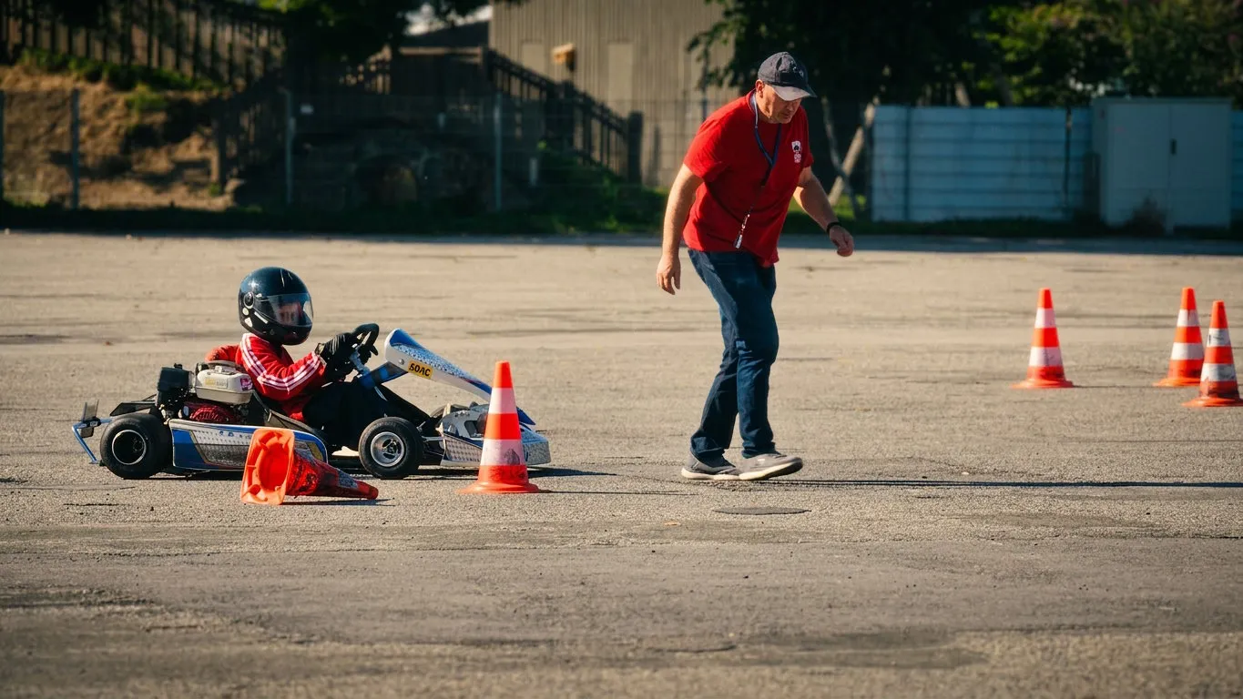 Junger Pilot mit Kart-Trainer auf der Slalomstrecke — Coaching am Pylonen