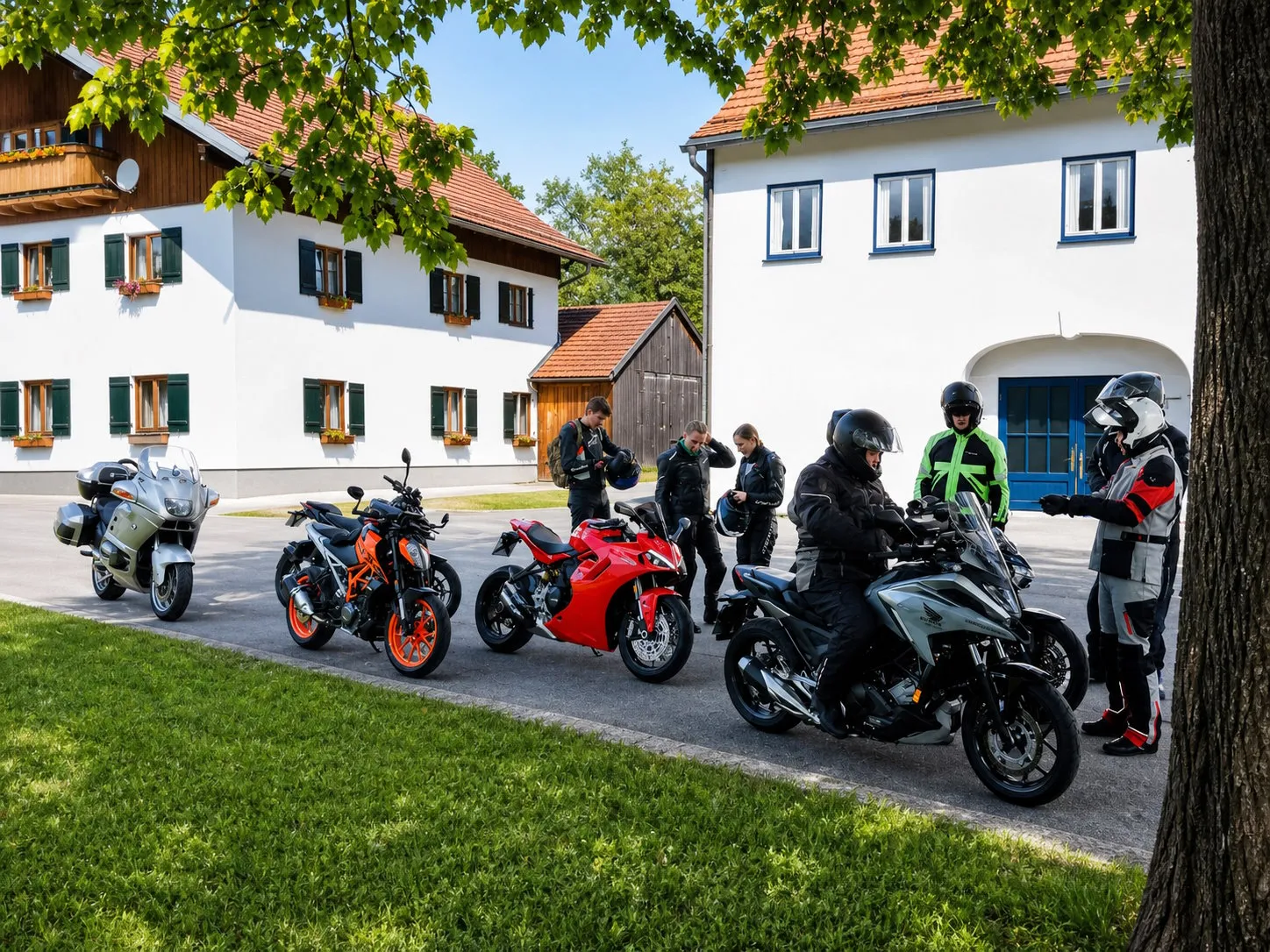 Touristik-Sparte mit Motorrädern vor einem bayerischen Bauernhaus